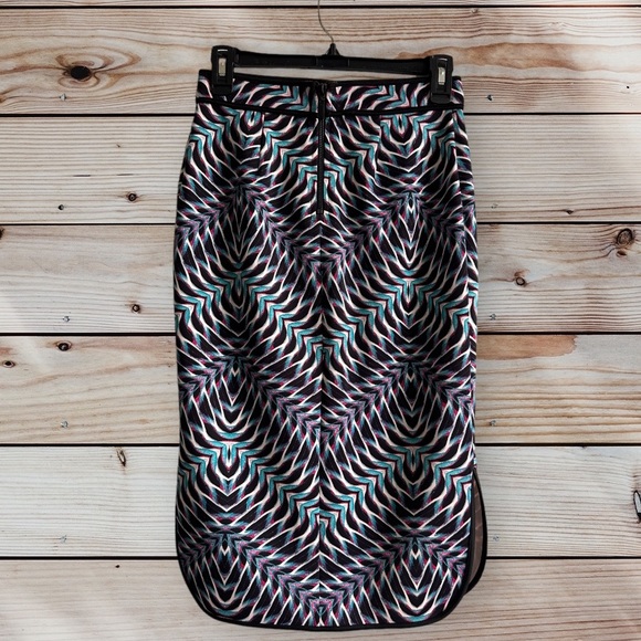 Bisou Bisou Midi Skirt Womens X-Small XS Multicolor Chevron Side Slit Stretch - Picture 2 of 5